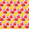 Pattern with fruits - yellow and red apples. Fruit garden. Vector on a pink background. Royalty Free Stock Photo