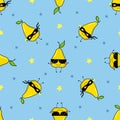 Pattern of funny pears with sunglasses and masks of superheroes
