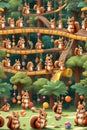 A pattern of funny squirrels playing games in a jungle with swings, slides and jungle gyms, animal design