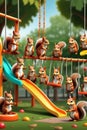 A pattern of funny squirrels playing in the park with swings and slides, animal design, fantasy