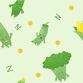 Pattern with funny vegetables. Funny, smiling vegetables: broccoli, peas, corn, cucumber