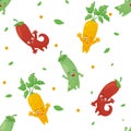 Pattern with funny vegetables. Funny, smiling vegetables: carrot, peas, chili