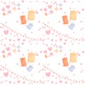 Pattern in gentle colors with garlands, flags and confetti, hearts for Valentine's Day and burning candles. Royalty Free Stock Photo