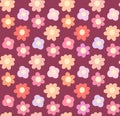 Pattern with gentle simple hand drawn flowers in row on dark pink background. Vector tender cartoon ditsy background. Naive pastel Royalty Free Stock Photo