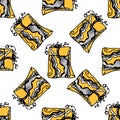 A pattern from a gift box in a yellow package with a pattern of wavy lines with a rope bow on top. the decorations are made in Royalty Free Stock Photo