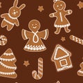 Pattern with gingerbread Christmas angels, little men and houses decorated with lace braid for decoration