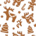 Pattern with gingerbread Christmas deer, Christmas trees and little men decorated with openwork braid for decoration