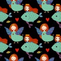 Pattern with girl Sirin and mermaid. Royalty Free Stock Photo