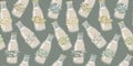 A pattern of glass bottles with vegetable milk labels. Coconut, almonds, soy, walnut, rice, oatmeal, etc. Vector
