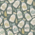 A pattern of glass bottles with vegetable milk labels. Coconut, almonds, soy, walnut, rice, oatmeal, etc. Vector