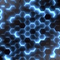 A pattern of glossy black hexagons with a dynamic blue neon glow. 3d rendering Royalty Free Stock Photo