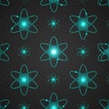 Pattern of glowing blue atomic models on a dark background. Each atomic model Royalty Free Stock Photo