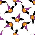 A pattern of a Gnome with bat wings, in purple and orange colors for Halloween.Seamless pattern of a drawn cartoon dwarf Dracula