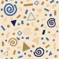 Pattern with gold and blue doodles,swirls, stars, geometric elements. Christmas background