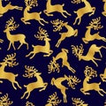 Pattern of gold deer silhouettes on a blue background Royalty Free Stock Photo