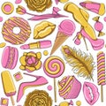 Pattern of gold and pink glamorous female illustrations. Color seamless pattern.