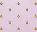 Pattern with golden balls and star confetti on pink pastel background. Christmas or New year card