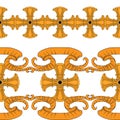 Pattern of golden crosses and ribbons on a white background