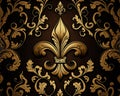 Pattern with a golden Fleur-De-Lis symbol and foliage ornament on a brown background. Created with Generative AI