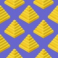 A pattern of golden pyramids assembled from plastic blocks in isometric style for printing and decoration. Vector