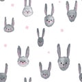 Pattern with gray hares and rosy flowers on a white background