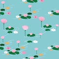 Seamless blue pond with flowers and lily pads pattern. Girly lake pattern. Stylish repeat vector pattern Royalty Free Stock Photo