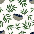 Pattern with Greek food. Seamless repeating pattern. Gray bowls with dark blue olives. Olive oil products. Olive branches. Natural