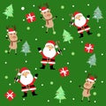 pattern on green background with tiny stars and snowflakes. Winter holidays season cartoon character. illustration