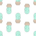 The pattern of a green cactus in a pot. Seamless pattern of a prickly turquoise cactus pattern in a pot with a black outline.