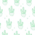 Pattern with green contour cactus and geometric shapes. Ornament for textile and wrapping. Vector