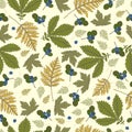 Pattern with green leaves and blueberries Royalty Free Stock Photo