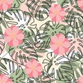 pattern of green leaves, pink flowers