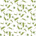 Pattern. Green peas, open pea pods, green leaves in flat style. Vegetable garden harvest natural products. Seamless background. Ec Royalty Free Stock Photo