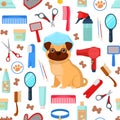 Pattern with grooming tools and dog