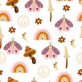 Groovy seamless pattern with cartoon butterflies,  mushroom, rainbows,  flowers, dÃÂ©cor elements. Vector illustration. Royalty Free Stock Photo