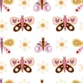Groovy seamless pattern with cartoon butterflies, flowers, dÃÂ©cor elements. Vector illustration. hand drawing. Royalty Free Stock Photo