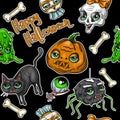 Pattern of halloween element patches: pumpkin, Skull, Spider, Slime, Cat, Bat, Bone . Royalty Free Stock Photo