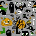 Pattern of halloween element patches: pumpkin, Skull, Spider, Slime, Cat, Bat, Bone . Royalty Free Stock Photo