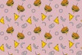 Pattern of a hamburger on a skewer, cheese and onions in trendy shades on a pale pink background