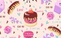 Pattern of hand drawn cakes, candies, macaroons, cupcakes, sketch vector illustration. Seamless pattern, backdrop, background, Royalty Free Stock Photo