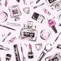 Pink pattern with hand drawn cosmetics.