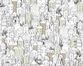 Pattern with hand drawn doodle houses. Illustration with cute town roofs and trees. Seamless background in black and white. Vector