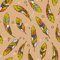 Pattern with hand drawn tribal feathers
