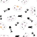 Pattern of head funny cat in different emotions, clockwork mouse, footprints, fish skeleton in cartoon style. Royalty Free Stock Photo