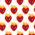 Pattern with a heart in flame. Romance, passion and love on fire concept. Hand drawn vector pattern in nice colors. For