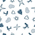 pattern of hearts, suns and birds in blue on a white background. The background is on a separate layer, you can change Royalty Free Stock Photo