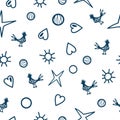 pattern of hearts, suns and birds in blue on a white background. The background is on a separate layer, you can change Royalty Free Stock Photo