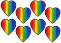 Pattern of hearts filled with rainbow colors. White background