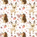 Pattern with hedgehogs and deer. Forest seamless pattern with cute animals. Vector illustration on a white background.