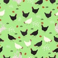 Pattern with hens, roosters and eggs on a green meadow